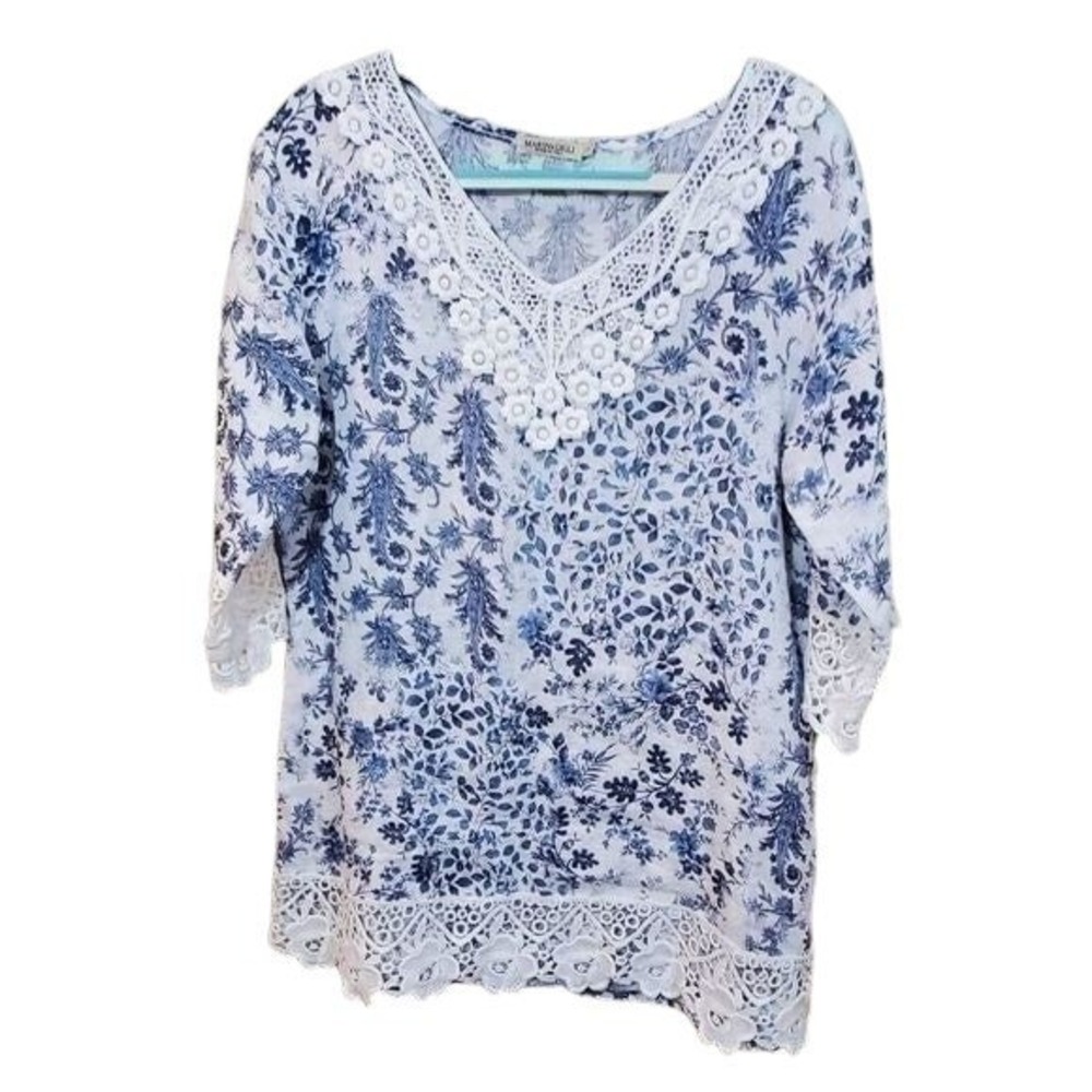 Marina Gigli Floral Lace Italian Linen Trim Tunic Top Blue White Bohemian Casual